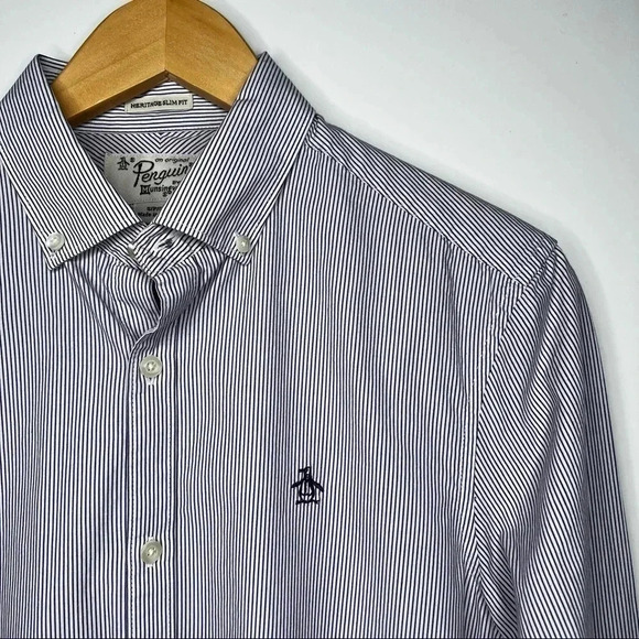 Original Penguin Heritage Slim Fit Purple Pinstripe Button Down Shirt Small - Picture 2 of 10